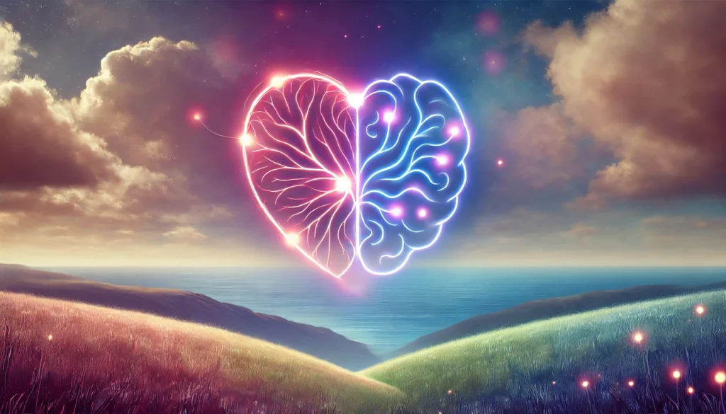 Abstract depiction of emotional intelligence, with a glowing heart and brain connected by lines, symbolizing the balance between emotions and logic.