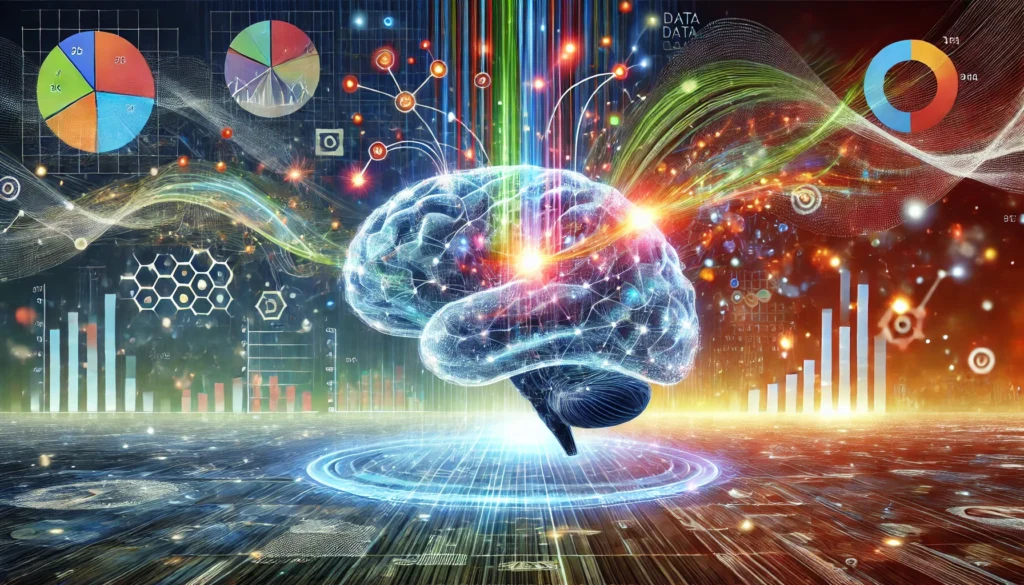 Data literacy concept with glowing streams of information flowing into a brain, surrounded by abstract graphs and charts representing data analysis and interpretation.