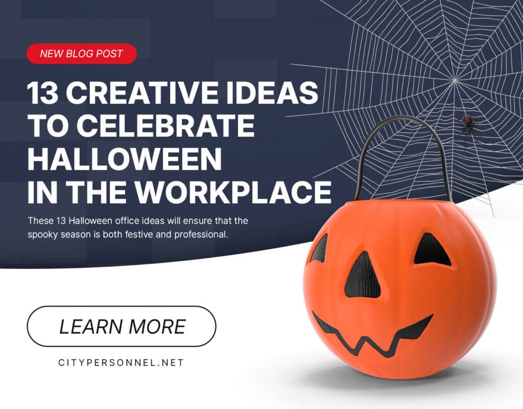 The featured image showcases a pumpkin-shaped candy bag surrounded by cobwebs, with the text "13 Creative Ideas to Celebrate Halloween in the Workplace." It visually reflects the festive atmosphere of Halloween and hints at fun office celebration ideas, from decorating desks to organizing team-building activities.