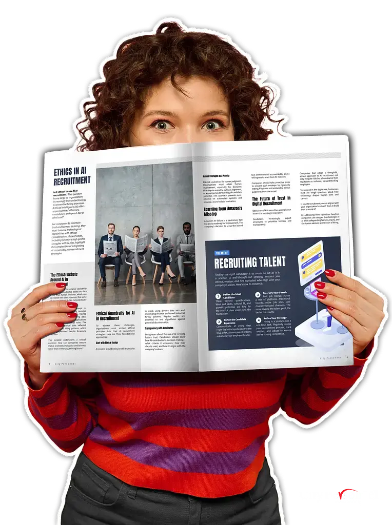 Person in a striped sweater holding a newspaper open to an article titled 'Ethics in AI Recruitment.' The article discusses various topics such as the ethical debate around AI, human development in AI, and the future of recruitment, with a section on recruiting talent.