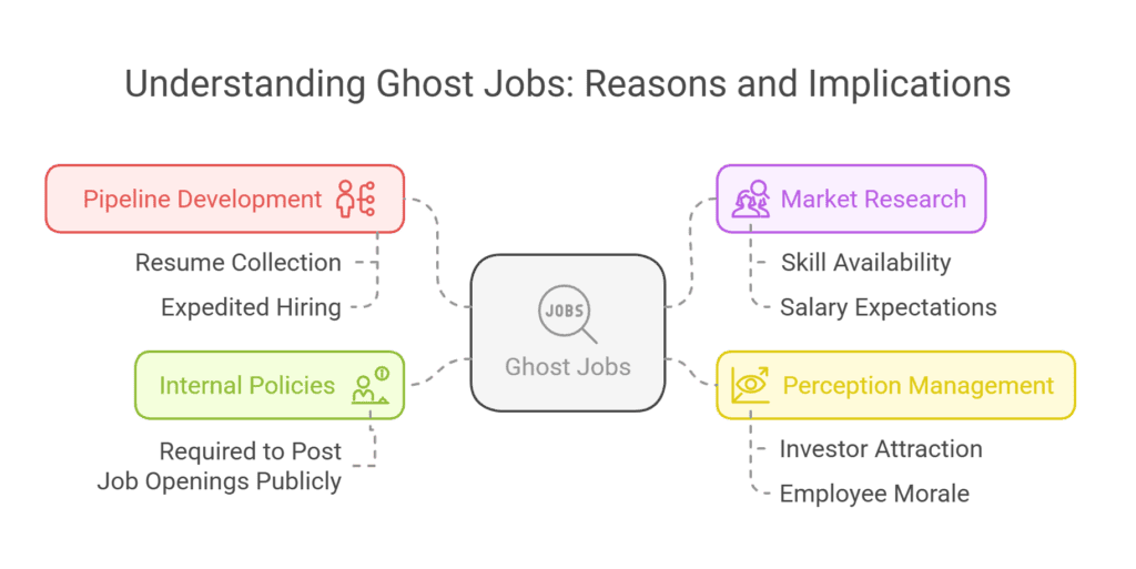 A mind map-style infographic titled 'Understanding Ghost Jobs: Reasons and Implications.' At the center, a gray box labeled 'Ghost Jobs' connects to four colored categories: 'Pipeline Development' (red) with subpoints 'Resume Collection' and 'Expedited Hiring'; 'Market Research' (purple) with subpoints 'Skill Availability' and 'Salary Expectations'; 'Internal Policies' (green) with the subpoint 'Required to Post Job Openings Publicly'; and 'Perception Management' (yellow) with subpoints 'Investor Attraction' and 'Employee Morale.' Each category is represented with an icon related to its theme.