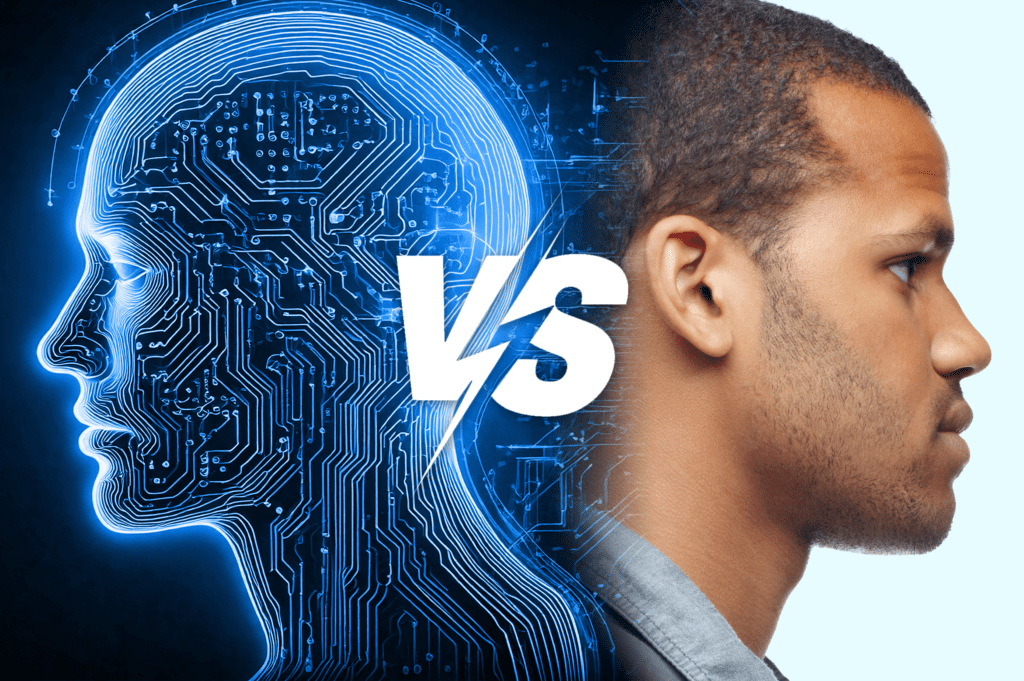 A split-image comparison of artificial intelligence and a human. On the left, a glowing blue digital rendering of a human head is composed of circuitry, symbolizing AI. On the right, a real human male in profile, looking forward with a neutral expression. A bold "VS" with a lightning-shaped slash separates the two, emphasizing contrast between technology and humanity.