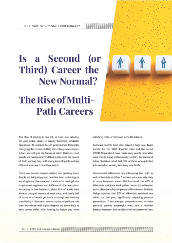Candidate Newsletter April 2025 2 Magazine page discussing the trend of multi-path careers and career changes, with headline 'Is a Second (or Third) Career the New Normal?' and symbolic icons of career progression on yellow background