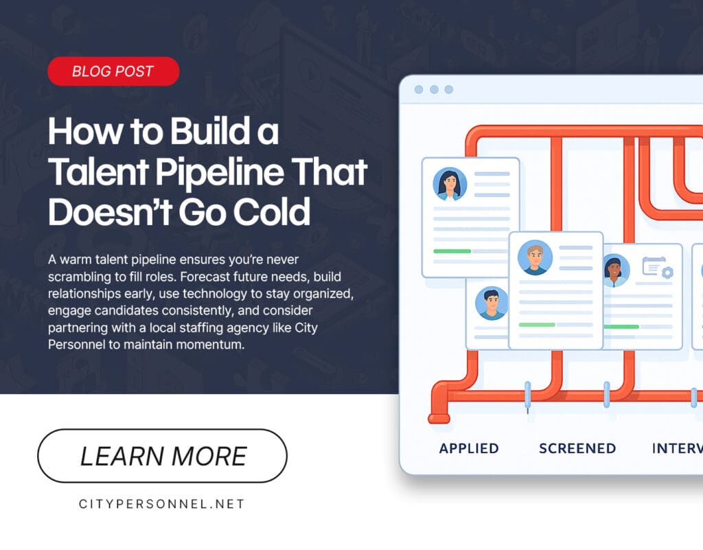 Graphic promoting City Personnel’s blog post titled ‘How to Build a Talent Pipeline That Doesn’t Go Cold.’ The image shows a pipeline system connecting candidate profiles through hiring stages labeled Applied, Screened, and Interviewed. Text explains the importance of maintaining a warm talent pipeline through forecasting, relationship building, and partnering with a local staffing agency. A ‘Learn More’ button and citypersonnel.net URL appear at the bottom.