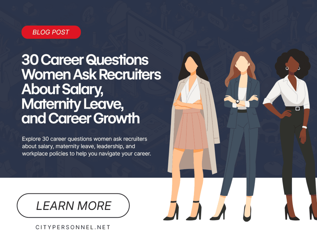 Women professionals illustration promoting blog post about 30 career questions women ask recruiters about salary, maternity leave, and career growth