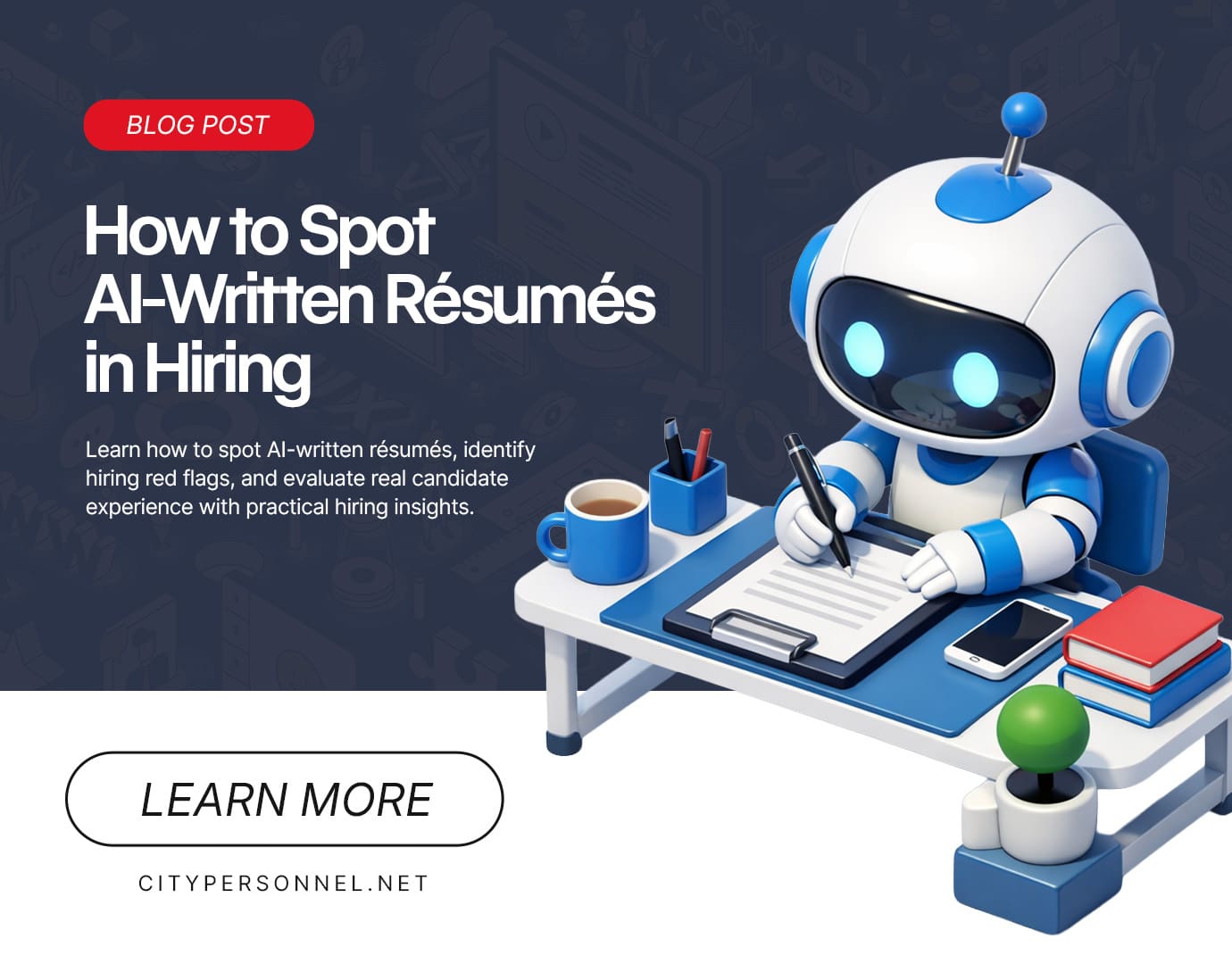 Illustration of a robot writing a résumé at a desk with office items, symbolizing AI-generated resumes in the hiring process