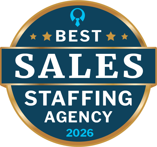 Best Sales Staffing Agency 2026 award badge graphic with gold and blue seal design, representing top-rated staffing and recruitment services for employers and job seekers.