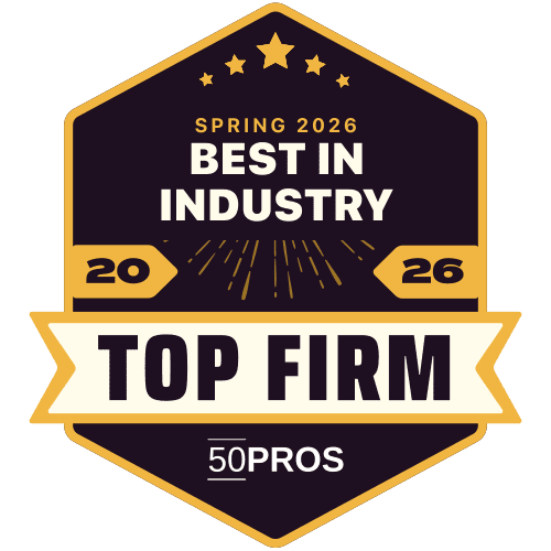Award badge with gold and dark purple design reading “Spring 2026 Best in Industry Top Firm,” featuring stars, a ribbon banner, and “50Pros” at the bottom.
