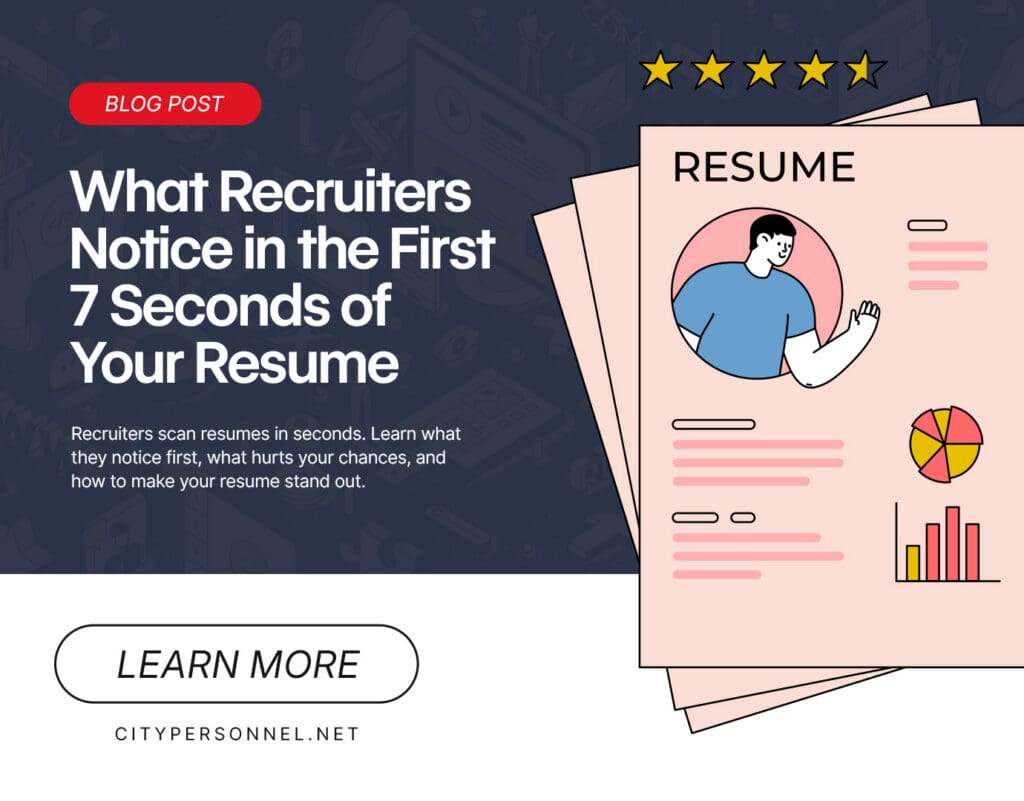 Graphic promoting City Personnel’s blog post, “What Recruiters Notice in the First 7 Seconds of Your Resume,” with an illustrated resume, five-star rating, and learn more button.