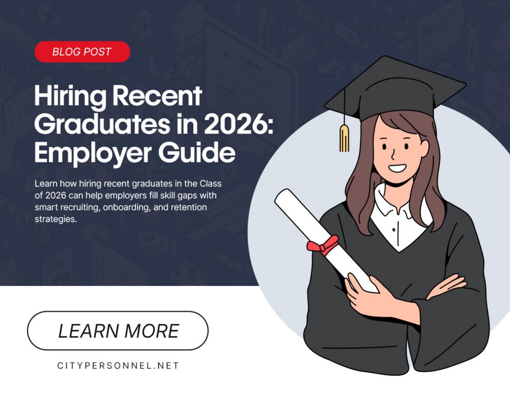 Blog post graphic for “Hiring Recent Graduates in 2026: Employer Guide,” featuring an illustrated graduate in a cap and gown holding a diploma, with a “Learn More” button and citypersonnel.net shown below.