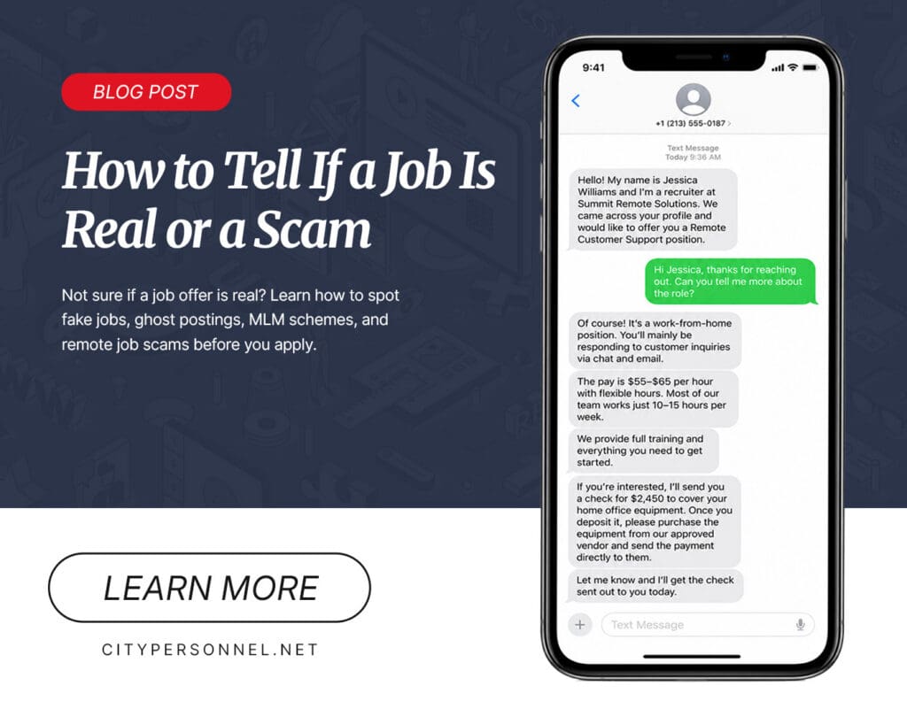 Graphic promoting a City Personnel blog post titled “How to Tell If a Job Is Real or a Scam,” featuring a smartphone with a fake recruiter text offering unusually high pay and asking the recipient to deposit a check for equipment.