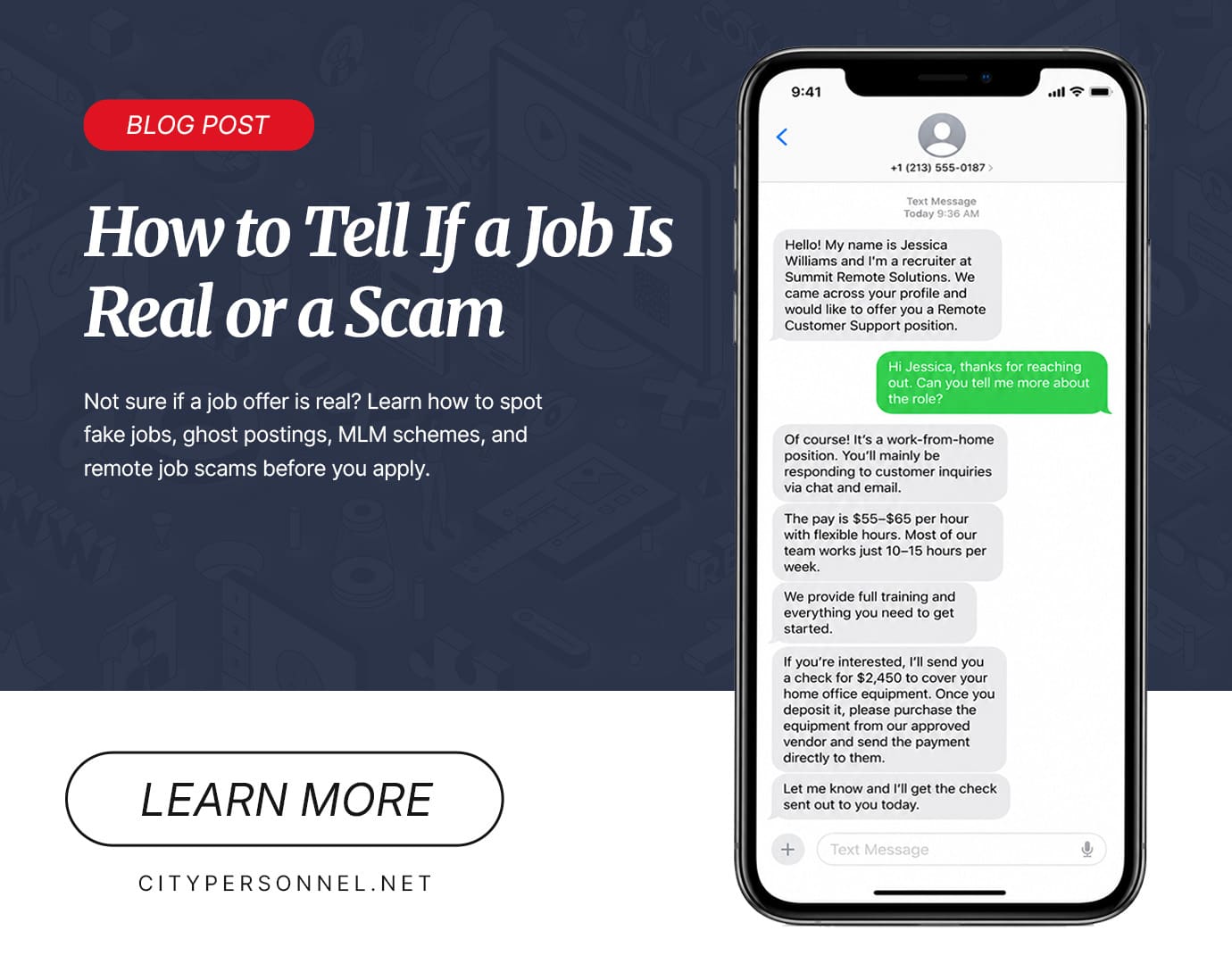 Blog 13 Graphic promoting a City Personnel blog post titled “How to Tell If a Job Is Real or a Scam,” featuring a smartphone with a fake recruiter text offering unusually high pay and asking the recipient to deposit a check for equipment.