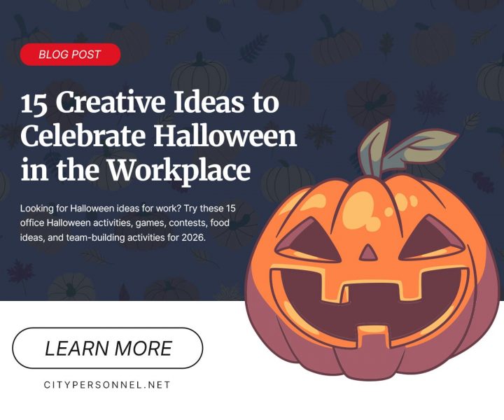 Illustration of a smiling jack-o’-lantern promoting City Personnel’s blog post, “15 Creative Ideas to Celebrate Halloween in the Workplace,” with office Halloween activity ideas for 2026.