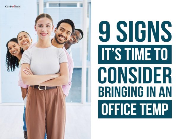 Blog cover with title '9 Signs It's Time to Consider Bringing in an Office Temp' featuring a photo of temporary workers in an office setting.