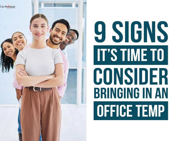 Blog cover with title '9 Signs It's Time to Consider Bringing in an Office Temp' featuring a photo of temporary workers in an office setting.