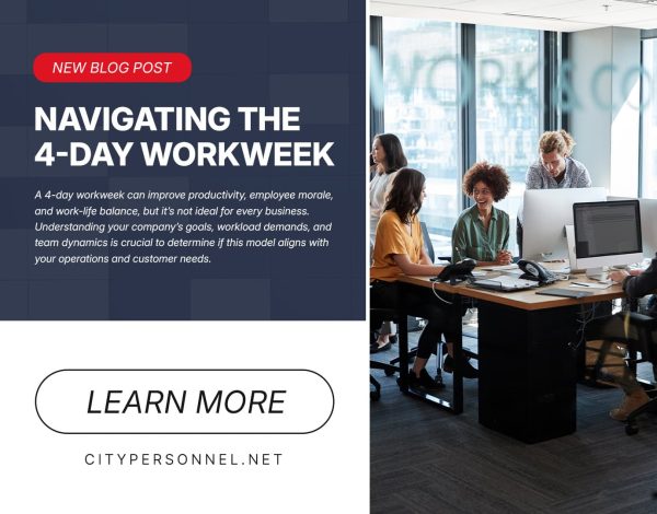 Employees working collaboratively in a modern office on a 4-day workweek schedule