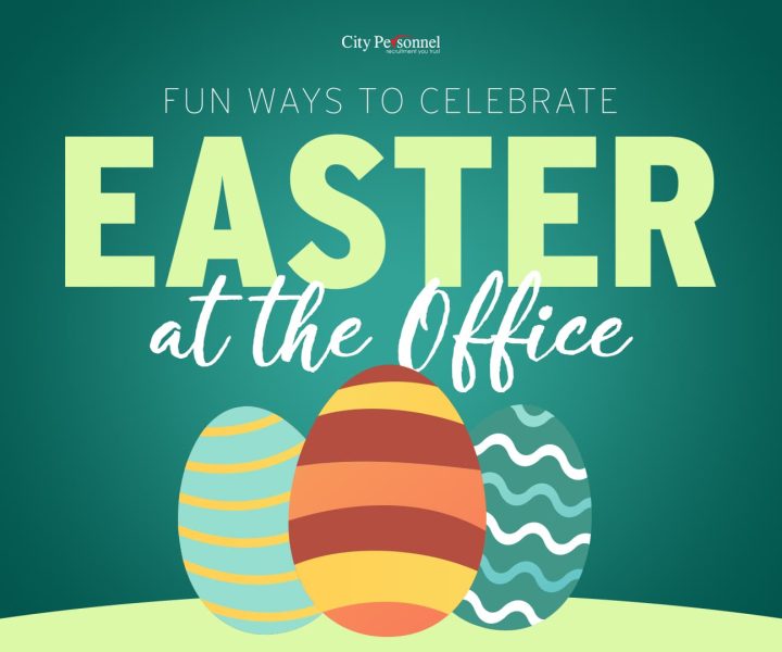 A festive Easter-themed graphic with a dark green background and a gradient effect. The text reads, "FUN WAYS TO CELEBRATE EASTER at the Office", with "EASTER" in large, bold, pastel yellow capital letters and "at the Office" in elegant white cursive. Below the text, three colorful Easter eggs with different patterns—striped, wavy, and swirled—are arranged in the foreground. At the top center, the City Personnel logo appears, indicating a workplace-related theme.
