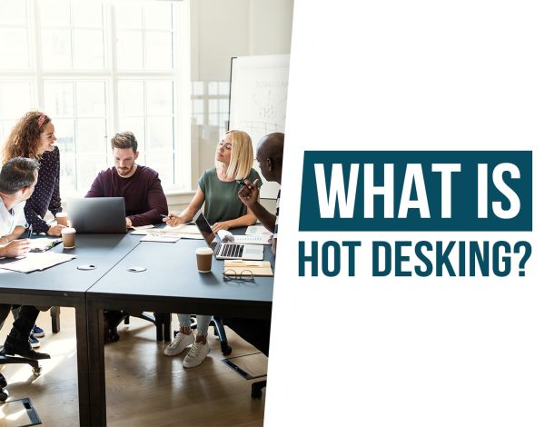 Hot Desking, group of 5 people at a desk
